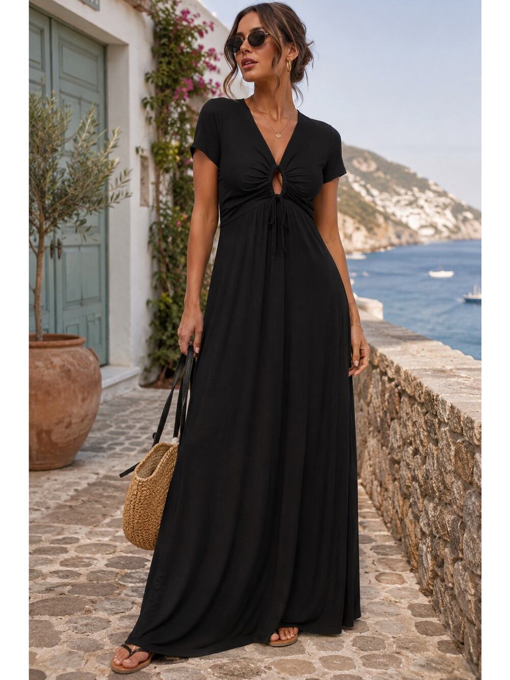 AllSaints Xylia Black Maxi Dress Ruched Keyhole Jersey European Summer Luxury